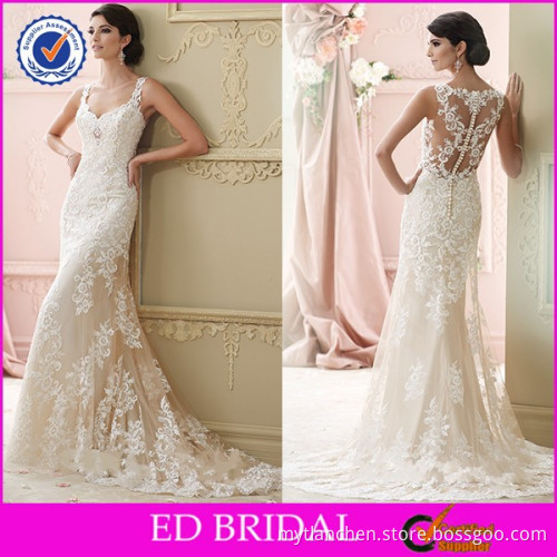Spaghetti Straps Transparent Back Lace Mermaid Traditional Wedding Dress